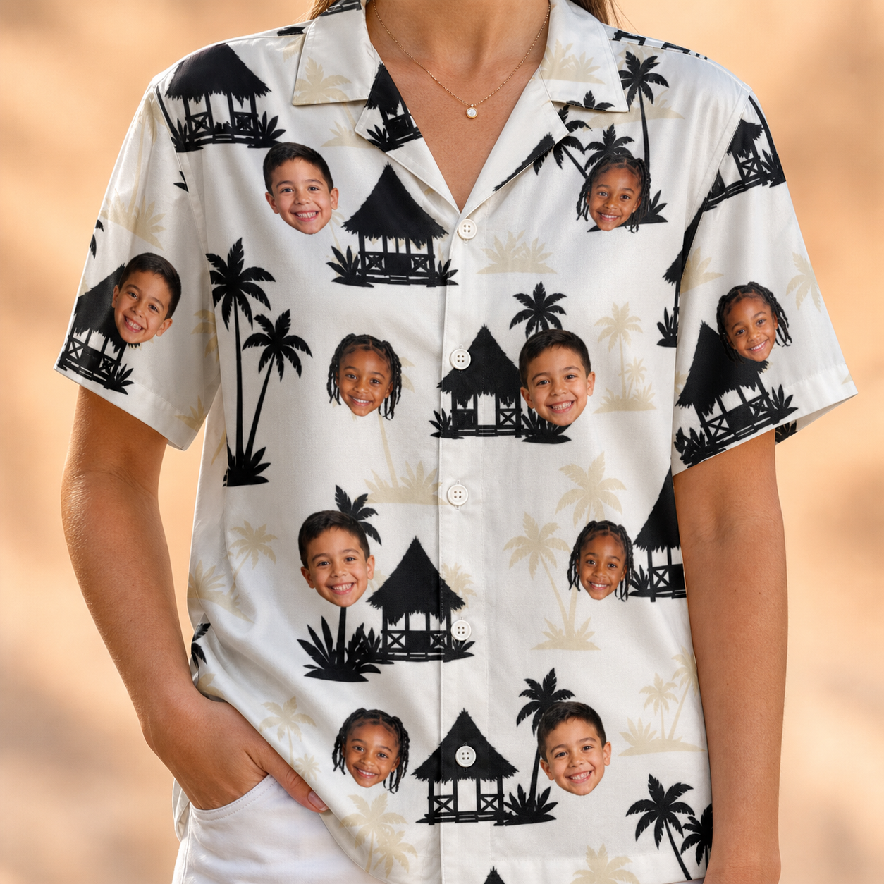 Model wearing Women's Thatched Timewarp Custom Face Hawaiian Shirt printed with kids' faces