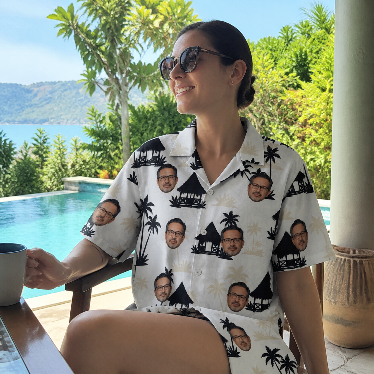 Real-life photo of someone wearing Women's Thatched Timewarp Custom Face Hawaiian Shirt — custom faces printed all-over