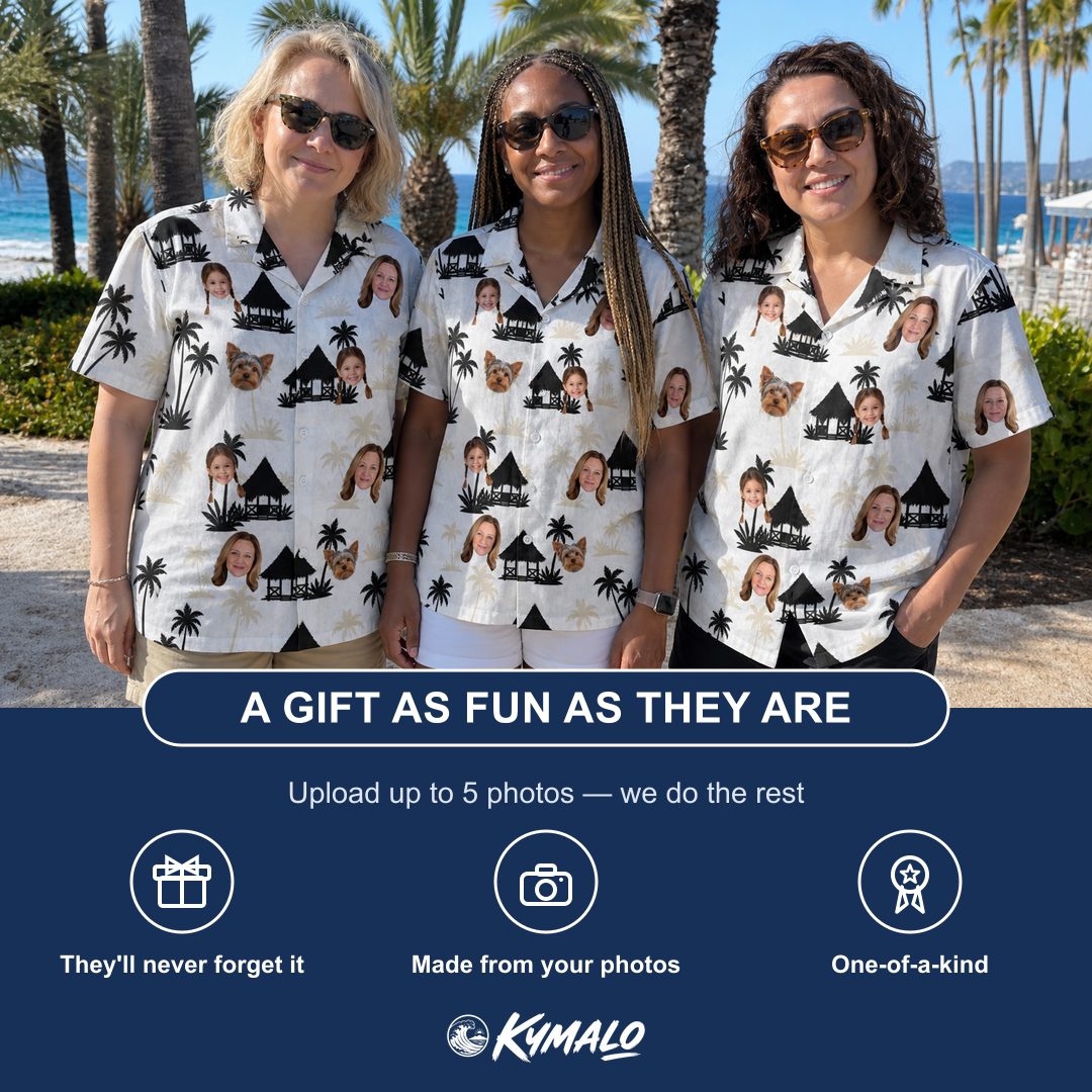 Friends in matching Women's Thatched Timewarp Custom Face Hawaiian Shirt — a group gift photo
