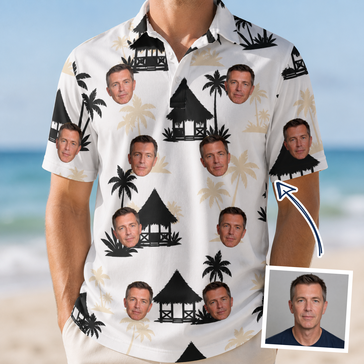 Man wearing Men's Thatched Timewarp Custom Face Polo Shirt — custom faces printed all-over