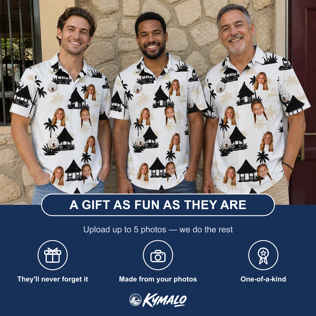 Friends in matching Men's Thatched Timewarp Custom Face Polo Shirt — a group gift photo