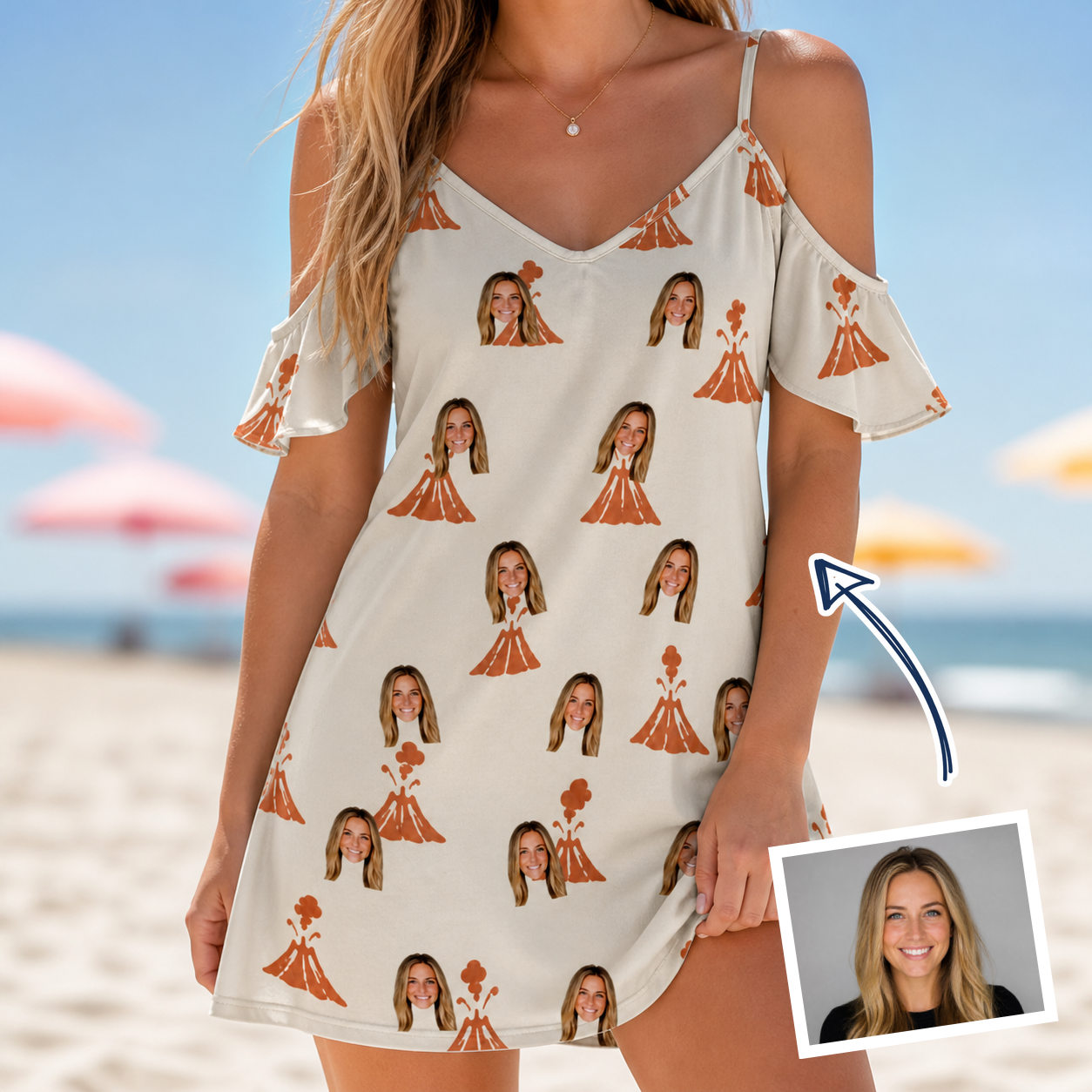 Woman wearing Women's Magma Mambo Custom Face Off-Shoulder Dress — custom faces printed all-over