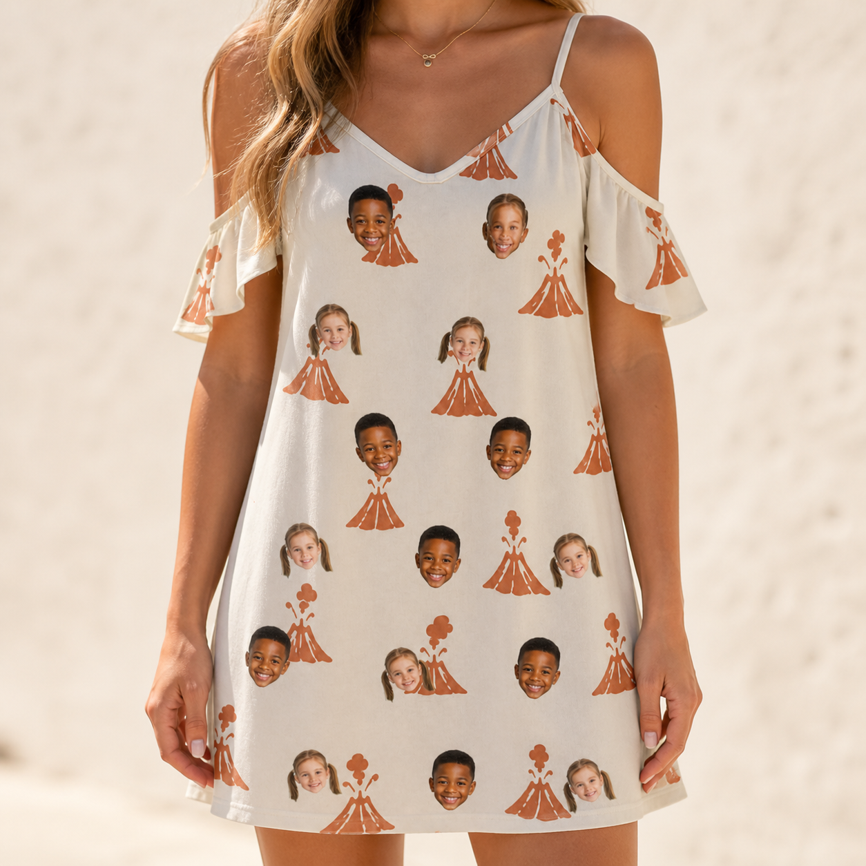 Model wearing Women's Magma Mambo Custom Face Off-Shoulder Dress printed with kids' faces