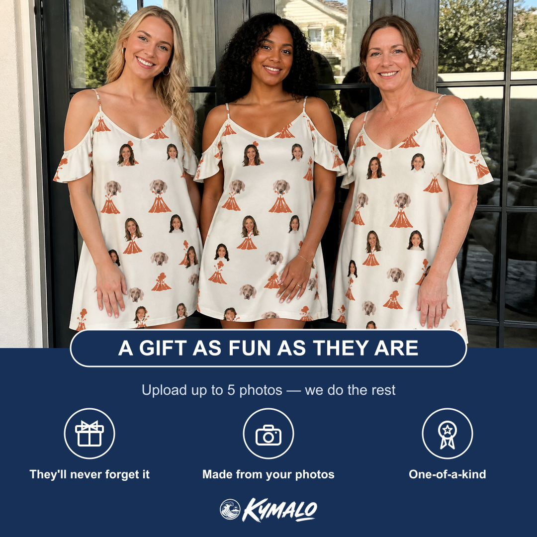 Friends in matching Women's Magma Mambo Custom Face Off-Shoulder Dress — a group gift photo