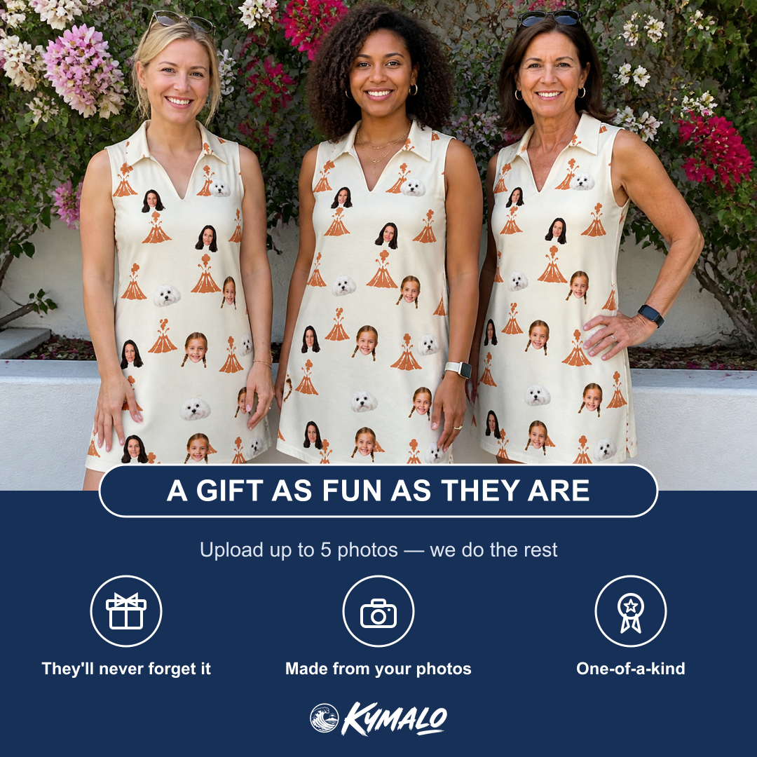 Friends in matching Women's Magma Mambo Custom Face V-Neck Dress — a group gift photo
