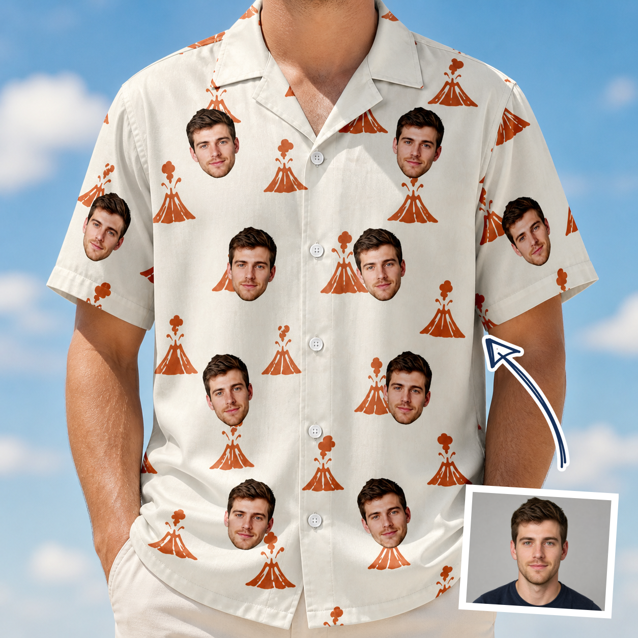 Man wearing Men's Magma Mambo Custom Face Hawaiian Shirt — custom faces printed all-over