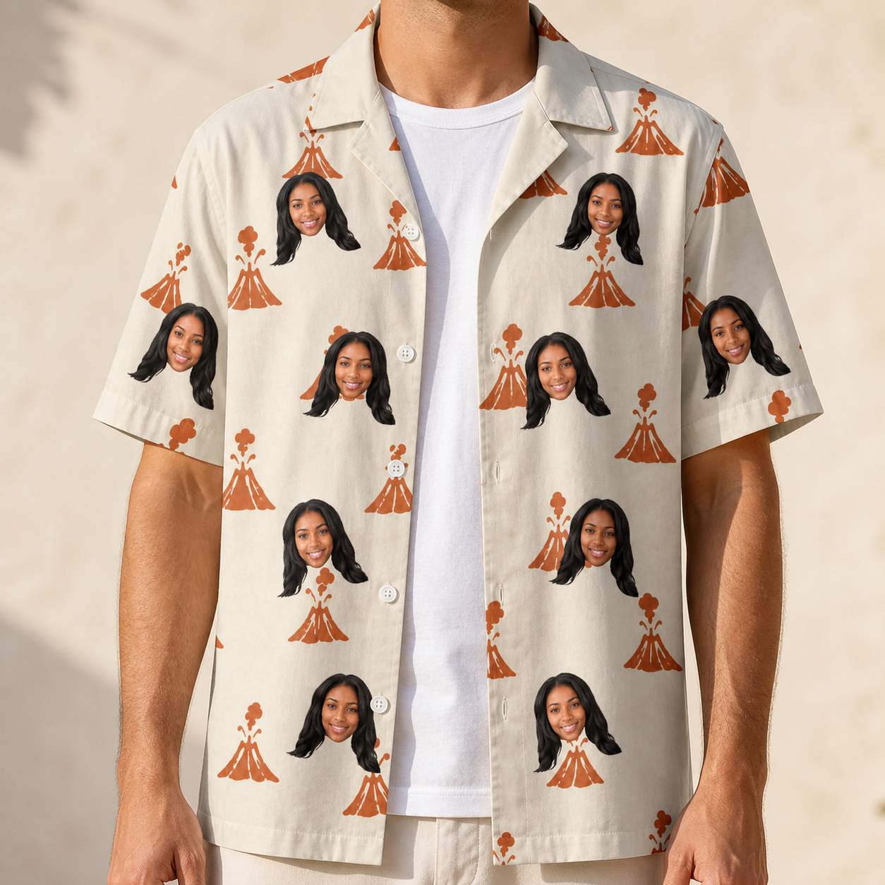 Man wearing Men's Magma Mambo Custom Face Hawaiian Shirt open over a white tee