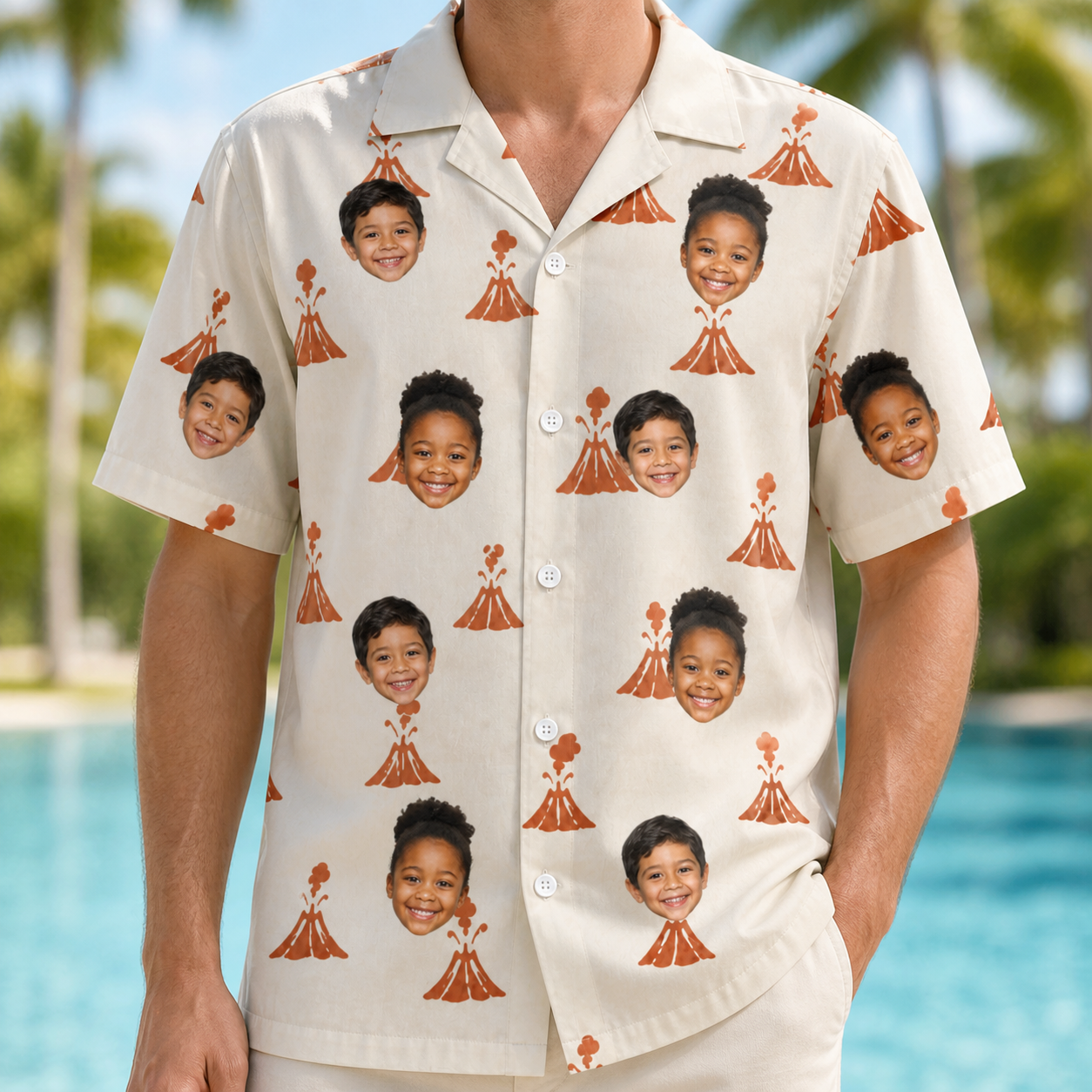 Model wearing Men's Magma Mambo Custom Face Hawaiian Shirt printed with kids' faces