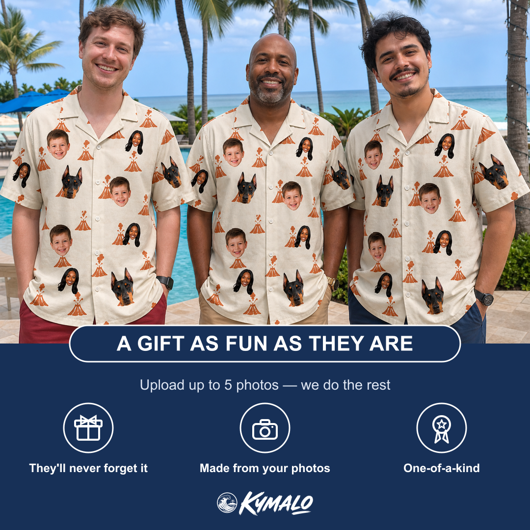 Friends in matching Men's Magma Mambo Custom Face Hawaiian Shirt — a group gift photo