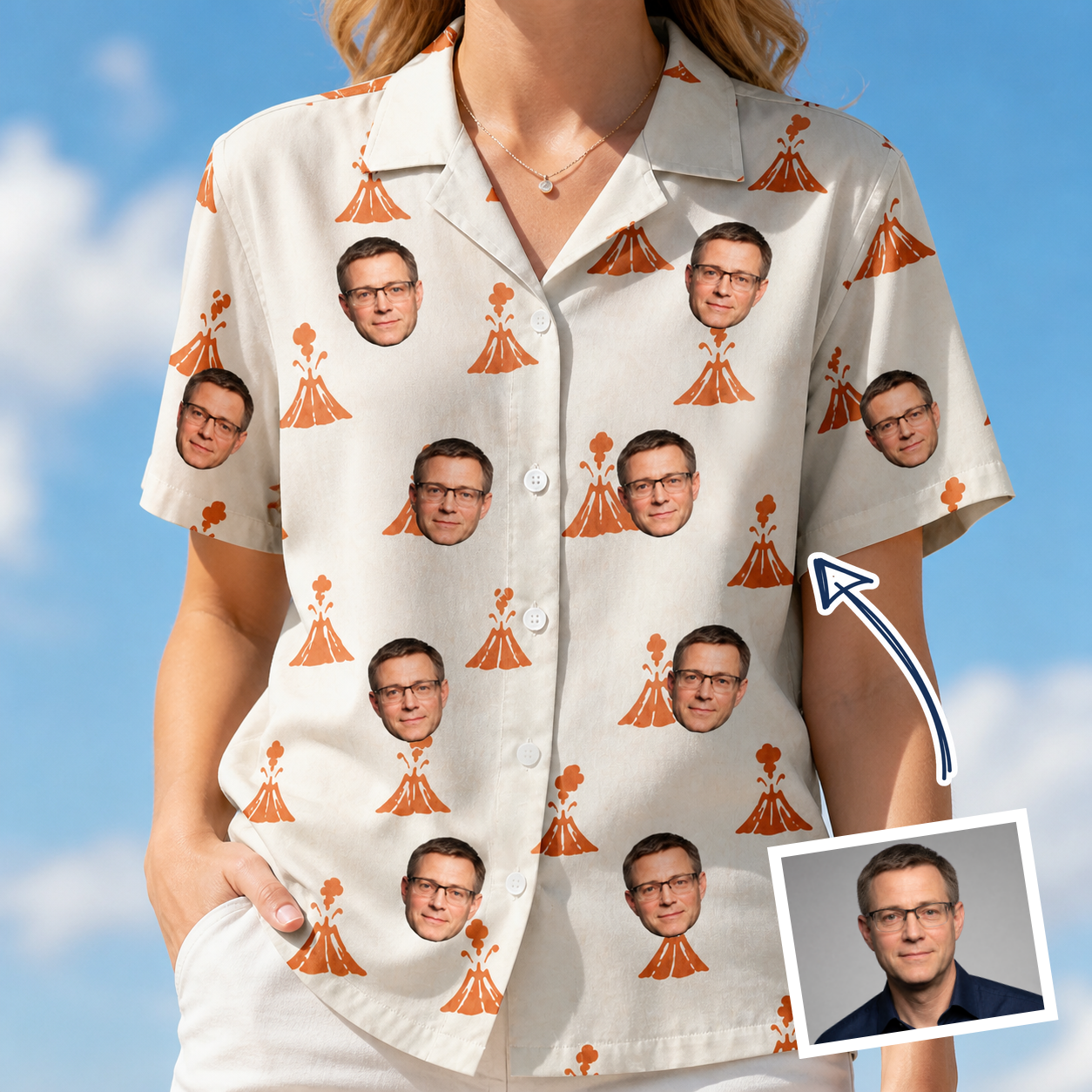 Woman wearing Women's Magma Mambo Custom Face Hawaiian Shirt — custom faces printed all-over