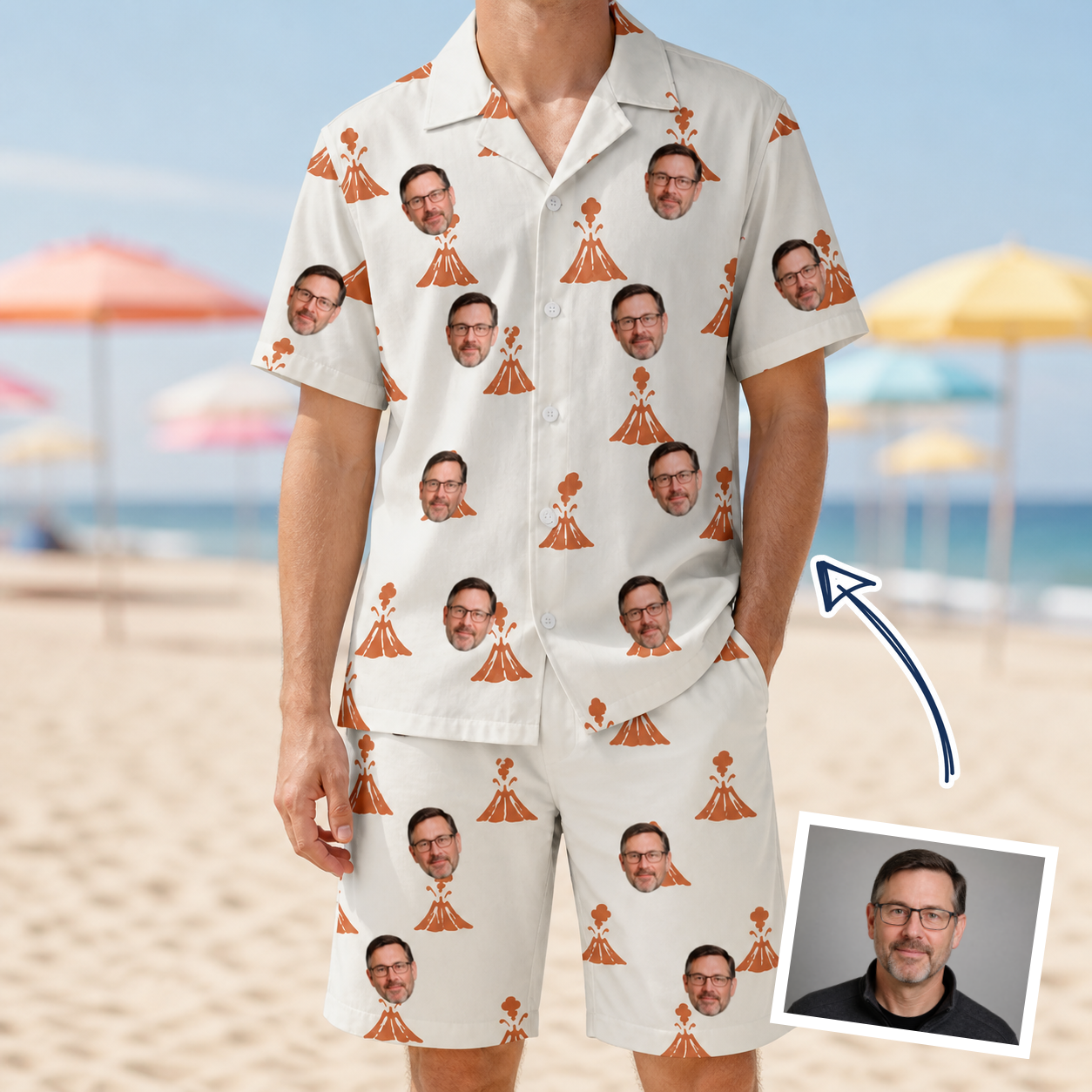 Man wearing Men's Magma Mambo Custom Face Shirt & Shorts Set — custom faces printed all-over