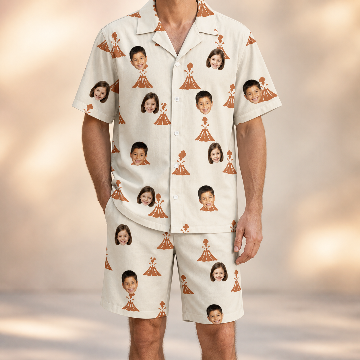 Model wearing Men's Magma Mambo Custom Face Shirt & Shorts Set printed with kids' faces
