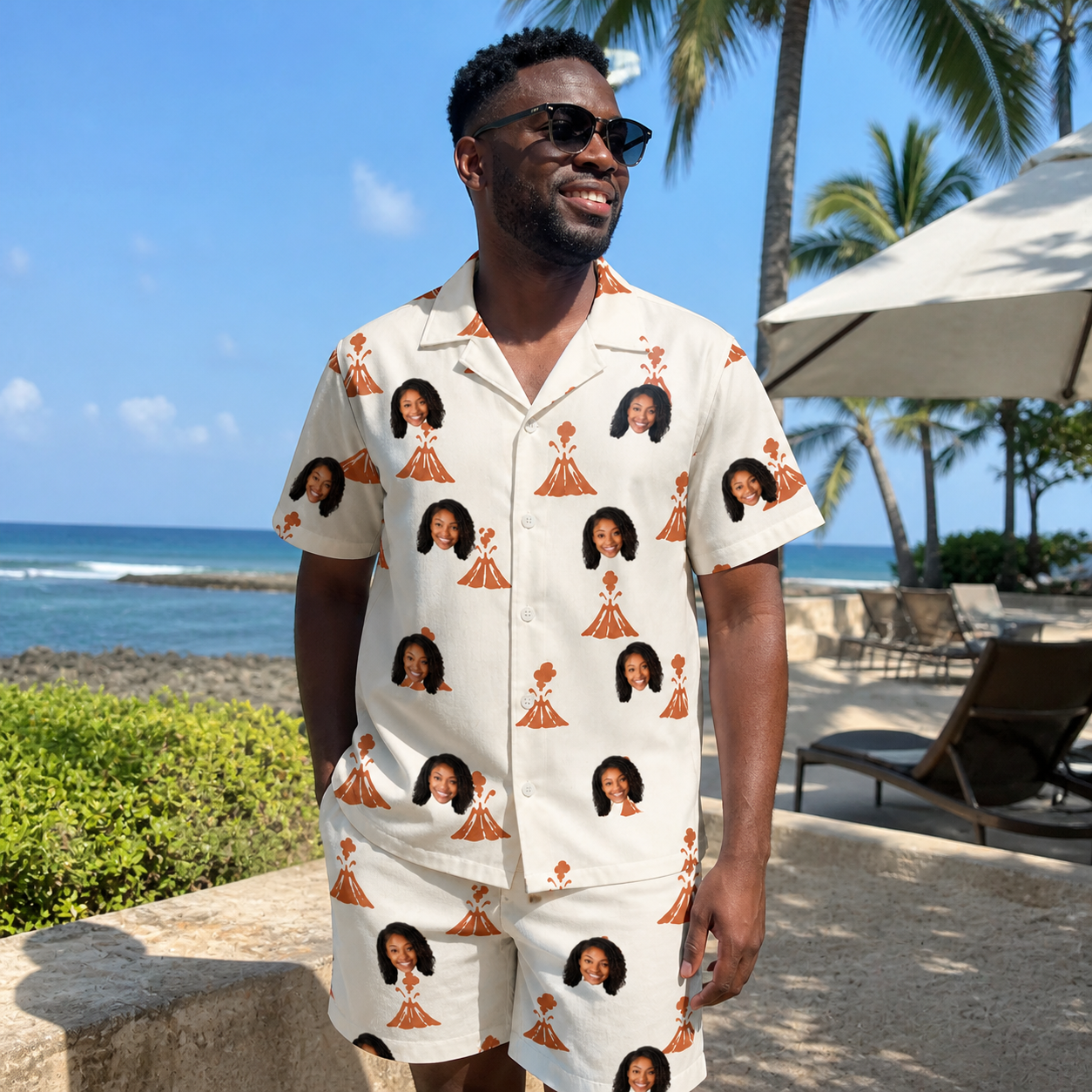 Real-life photo of someone wearing Men's Magma Mambo Custom Face Shirt & Shorts Set — custom faces printed all-over