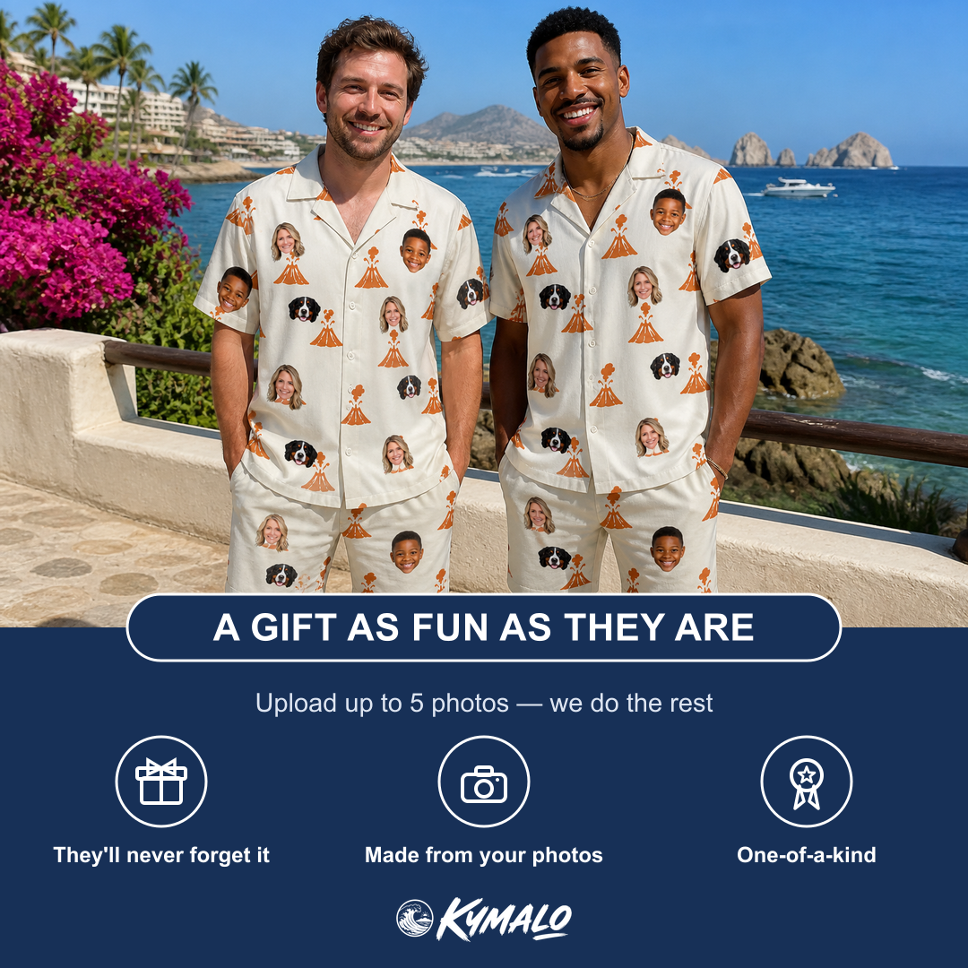 Friends in matching Men's Magma Mambo Custom Face Shirt & Shorts Set — a group gift photo