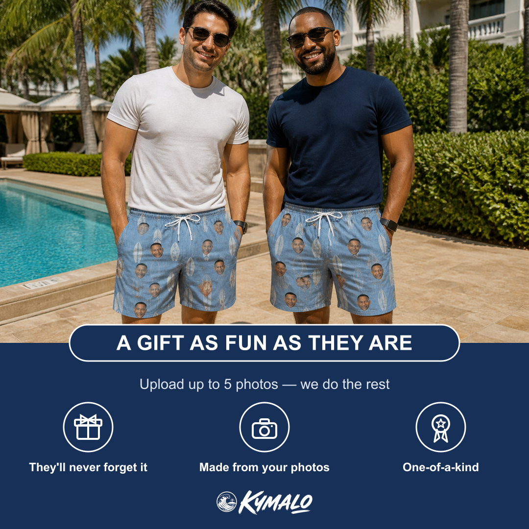 Friends in matching Men's Retro Riptide Custom Face Beach Shorts — a group gift photo