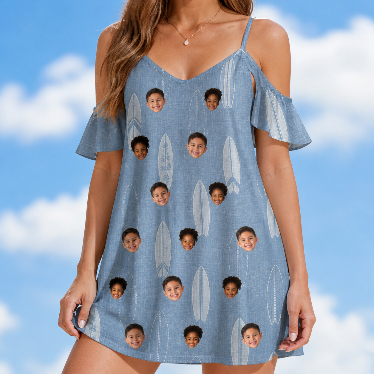 Model wearing Women's Retro Riptide Custom Face Off-Shoulder Dress printed with kids' faces