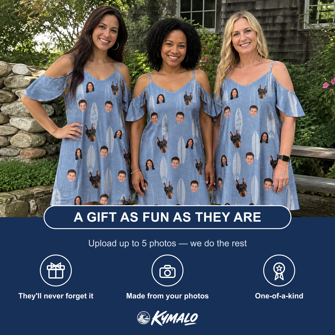 Friends in matching Women's Retro Riptide Custom Face Off-Shoulder Dress — a group gift photo