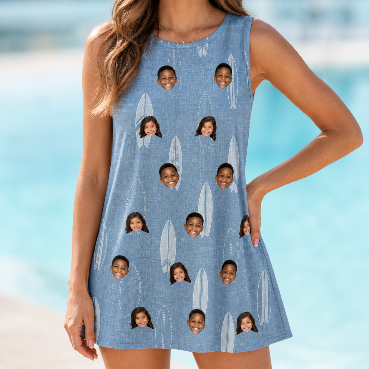 Model wearing Women's Retro Riptide Custom Face Tank Dress printed with kids' faces