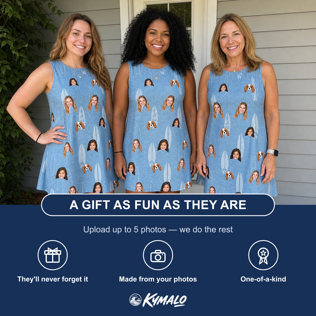Friends in matching Women's Retro Riptide Custom Face Tank Dress — a group gift photo