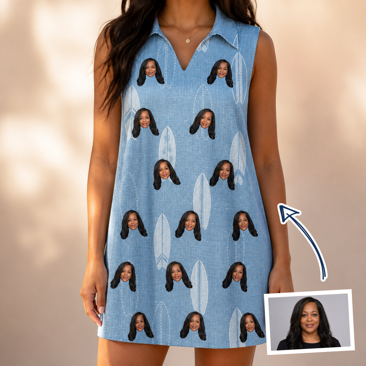 Woman wearing Women's Retro Riptide Custom Face V-Neck Dress — custom faces printed all-over