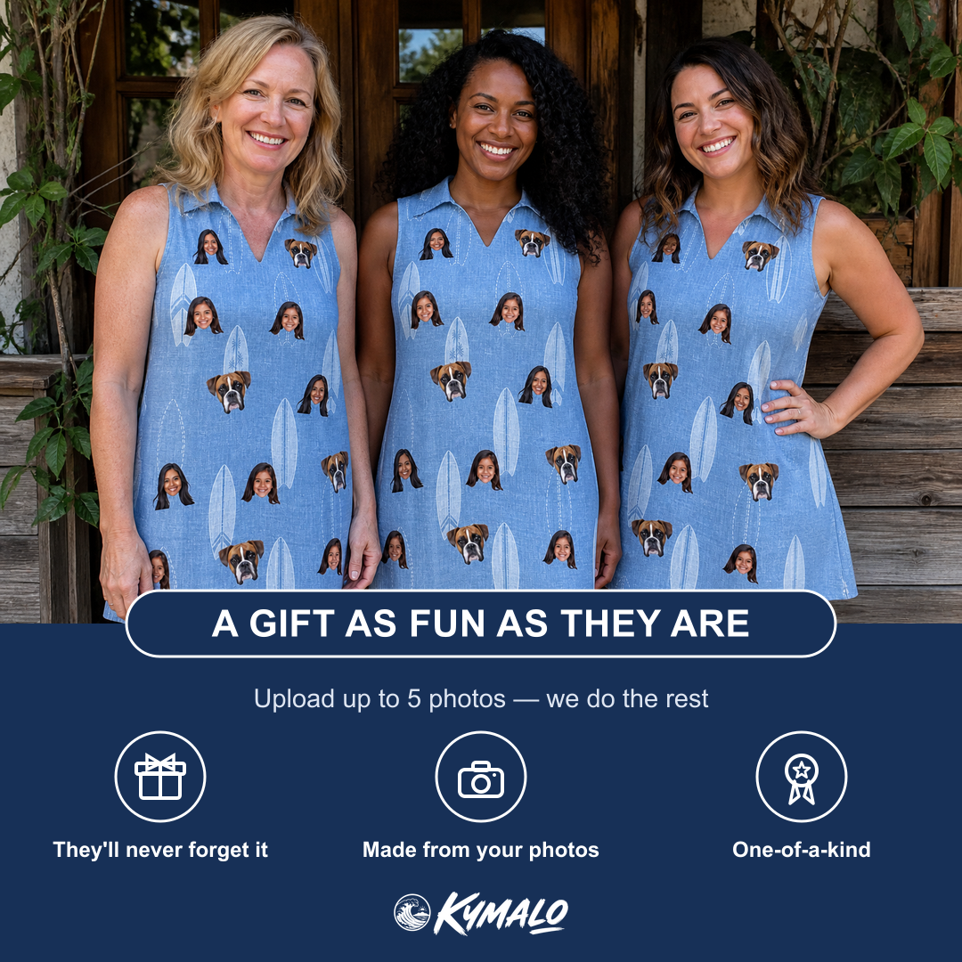 Friends in matching Women's Retro Riptide Custom Face V-Neck Dress — a group gift photo