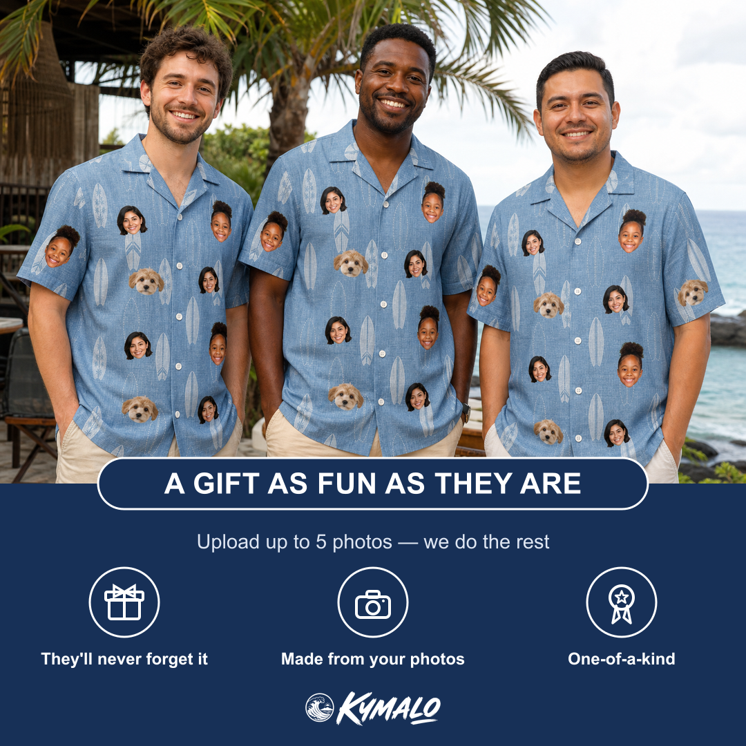 Friends in matching Men's Retro Riptide Custom Face Hawaiian Shirt — a group gift photo
