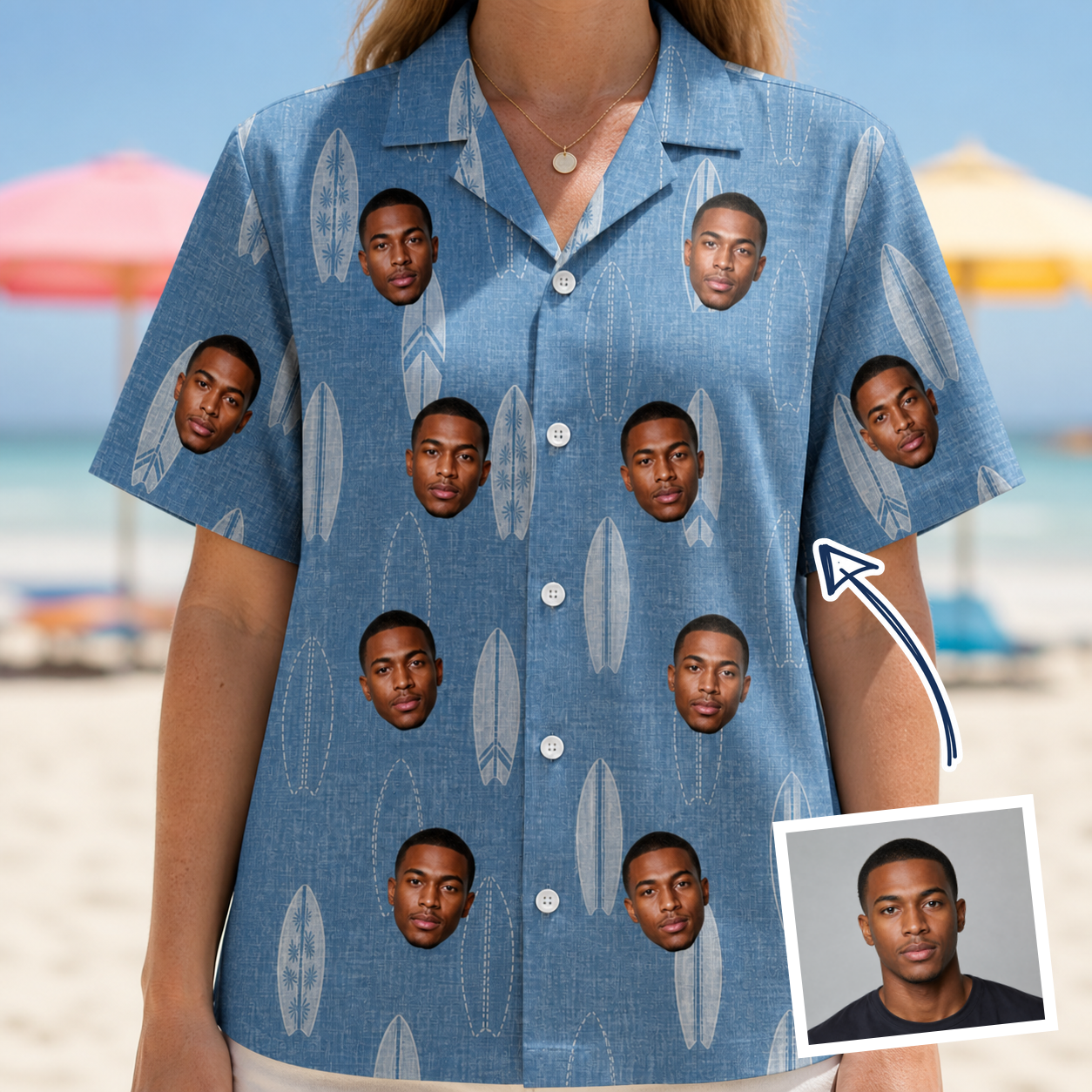 Woman wearing Women's Retro Riptide Custom Face Hawaiian Shirt — custom faces printed all-over