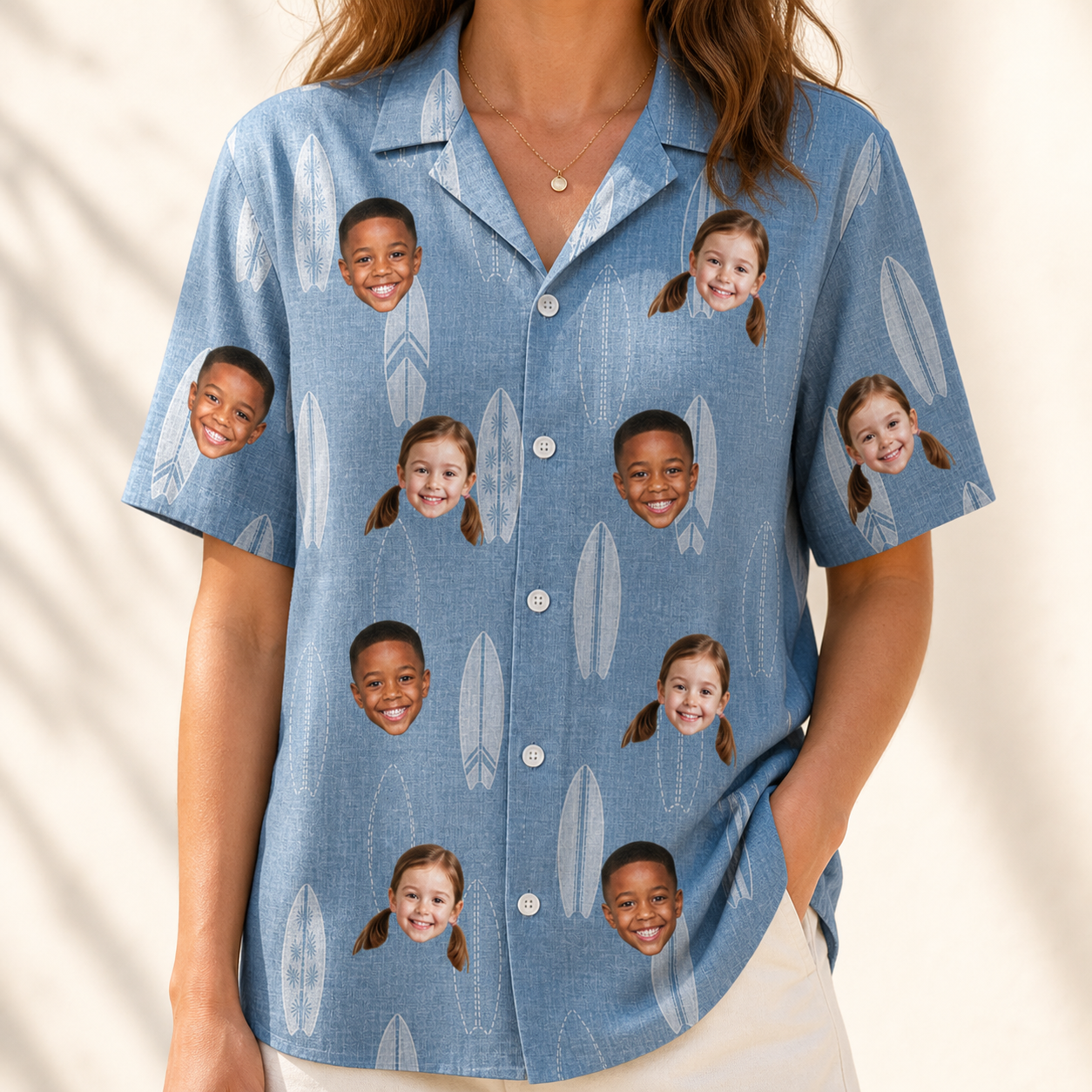 Model wearing Women's Retro Riptide Custom Face Hawaiian Shirt printed with kids' faces