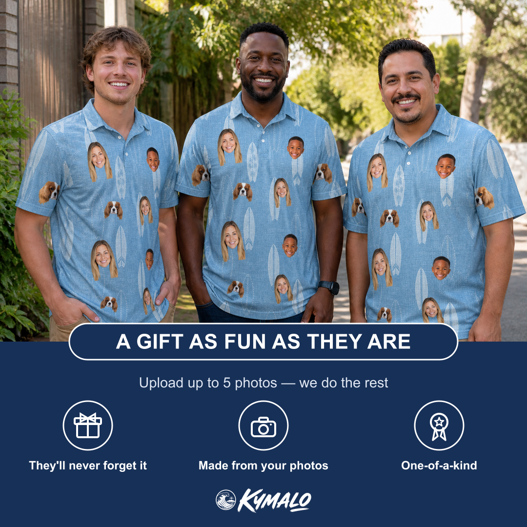 Friends in matching Men's Retro Riptide Custom Face Polo Shirt — a group gift photo