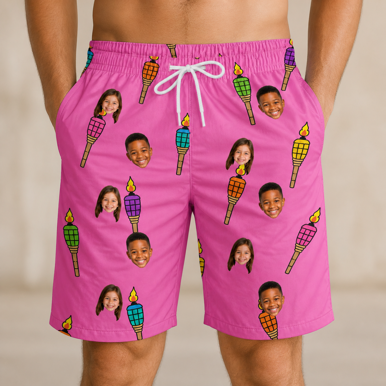 Model wearing Men's Vintage Volcano Custom Face Beach Shorts printed with kids' faces