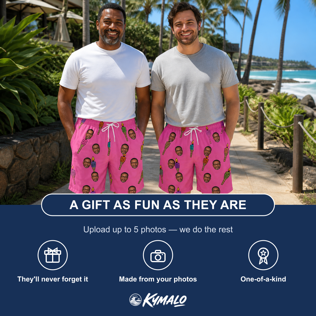 Friends in matching Men's Vintage Volcano Custom Face Beach Shorts — a group gift photo