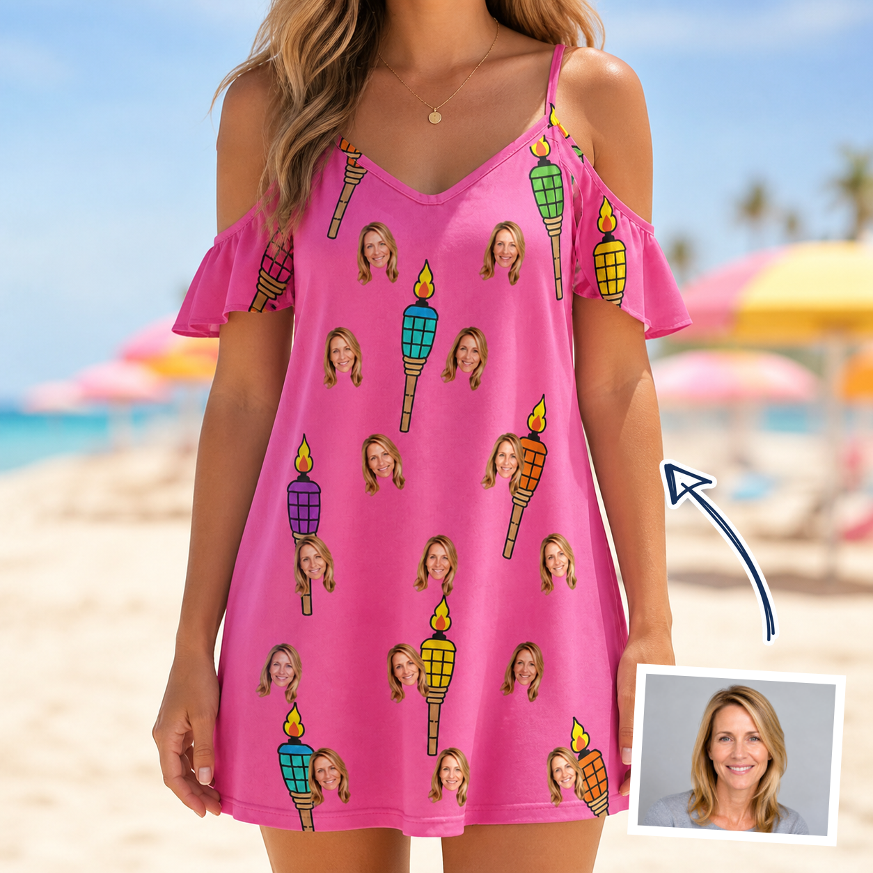Woman wearing Women's Vintage Volcano Custom Face Off-Shoulder Dress — custom faces printed all-over