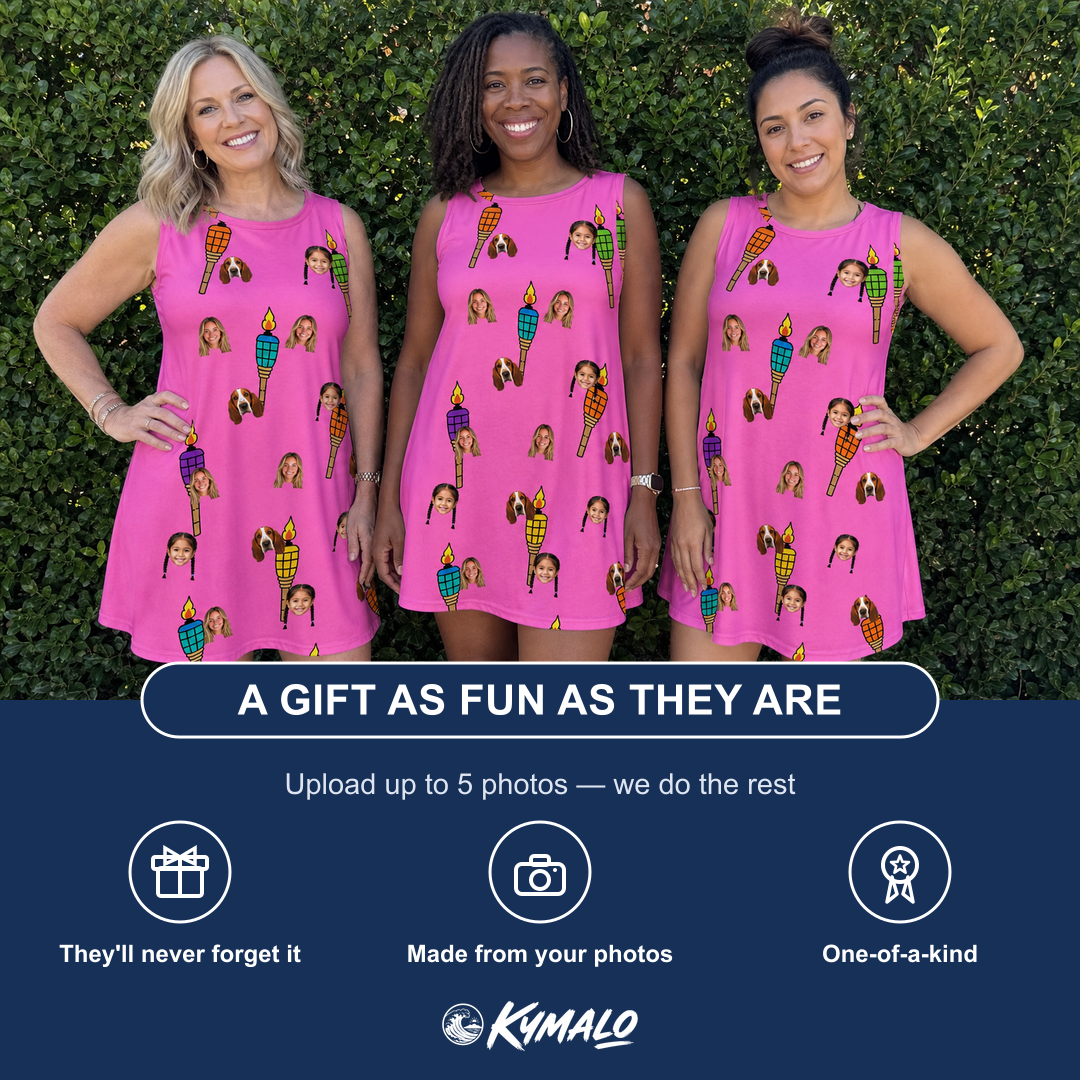 Friends in matching Women's Vintage Volcano Custom Face Tank Dress — a group gift photo