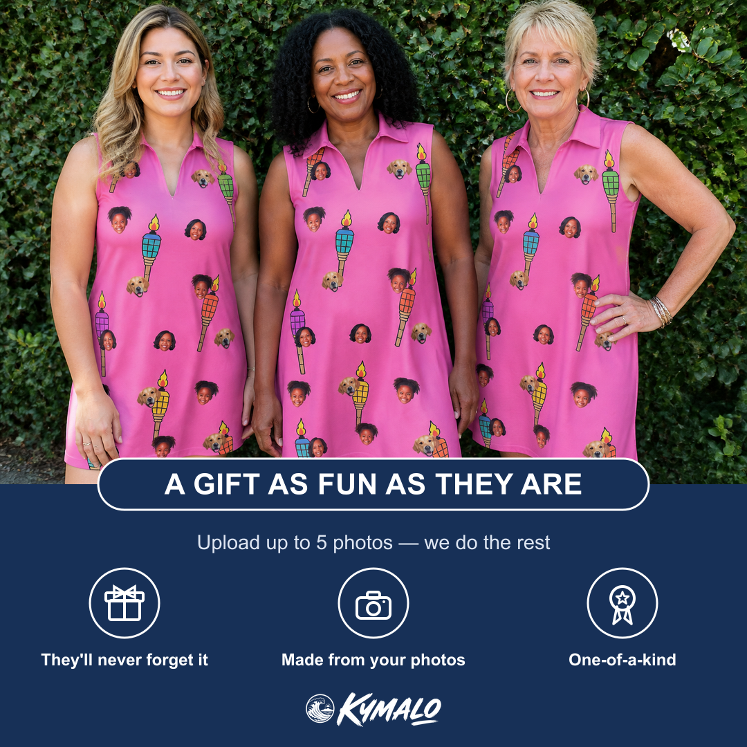 Friends in matching Women's Vintage Volcano Custom Face V-Neck Dress — a group gift photo