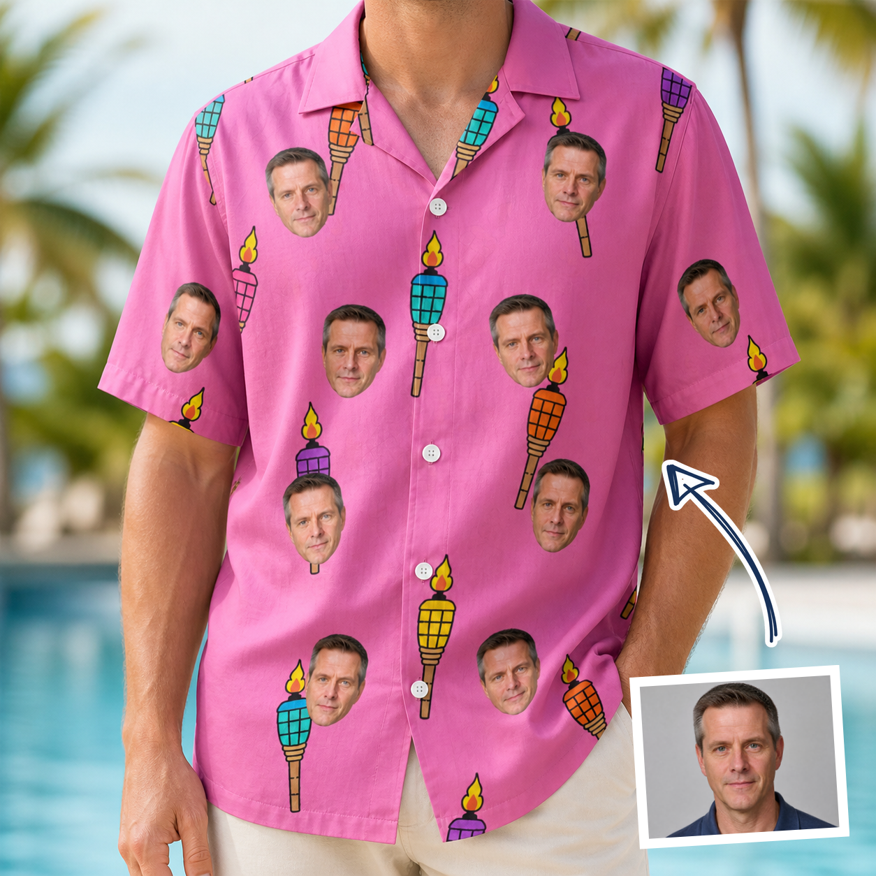 Man wearing Men's Vintage Volcano Custom Face Hawaiian Shirt — custom faces printed all-over