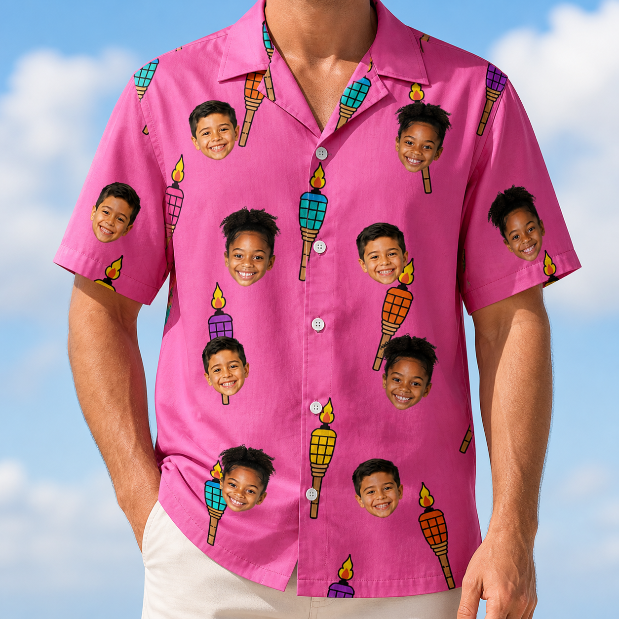 Model wearing Men's Vintage Volcano Custom Face Hawaiian Shirt printed with kids' faces