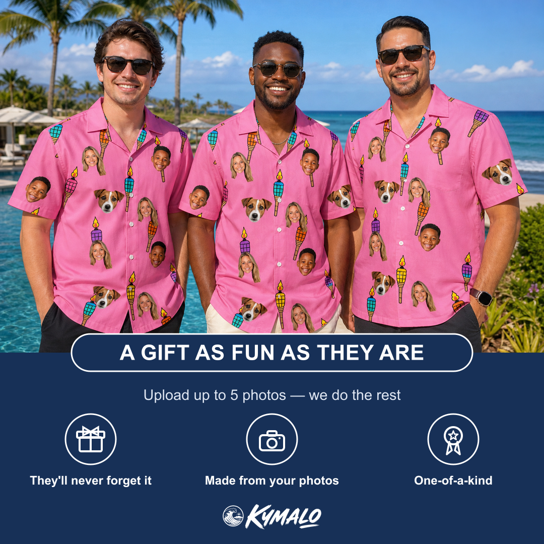 Friends in matching Men's Vintage Volcano Custom Face Hawaiian Shirt — a group gift photo