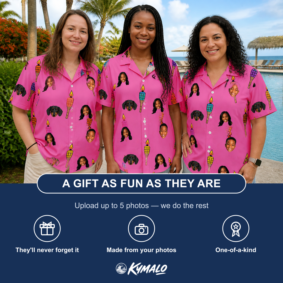 Friends in matching Women's Vintage Volcano Custom Face Hawaiian Shirt — a group gift photo