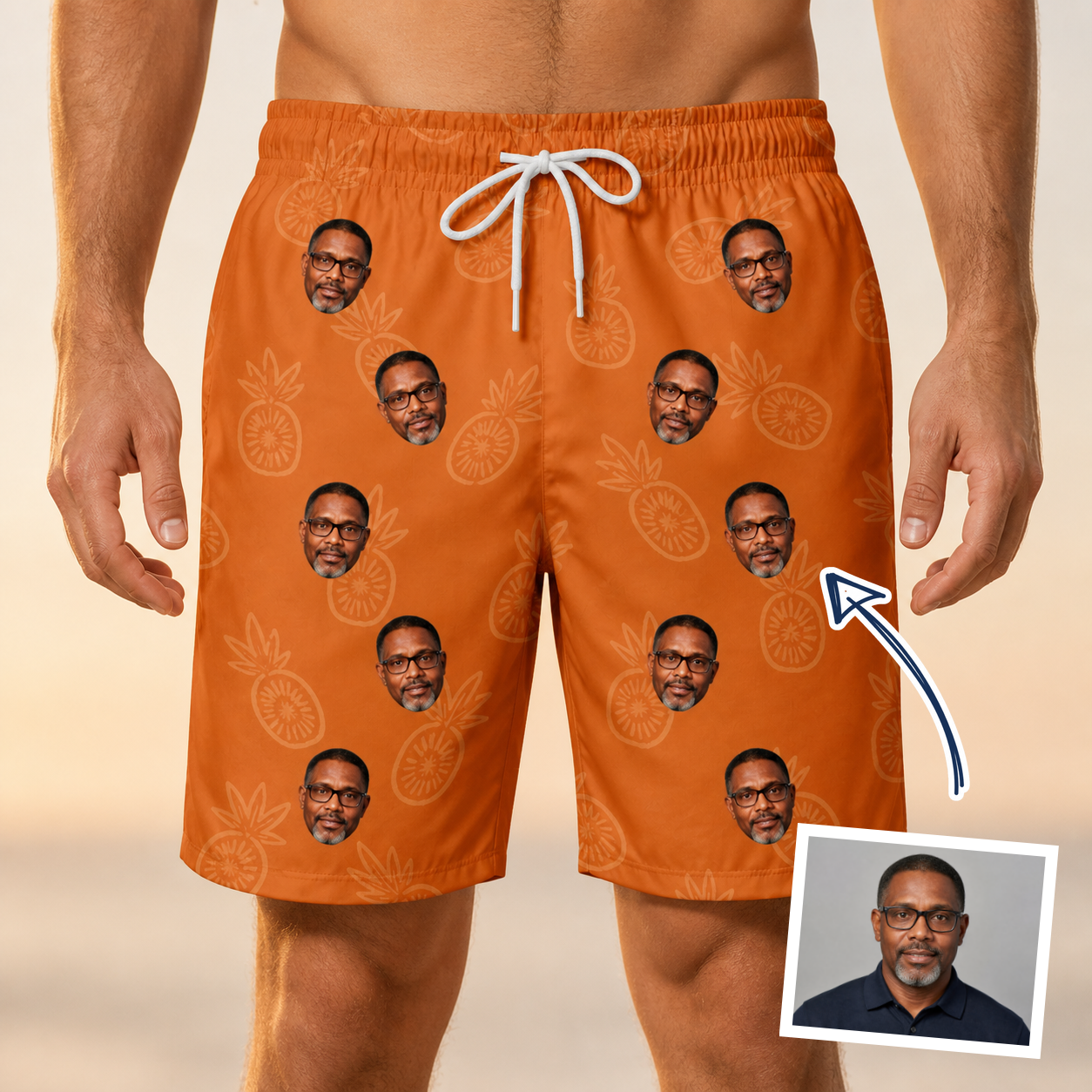 Man wearing Men's Pineapple Jukebox Custom Face Beach Shorts — custom faces printed all-over
