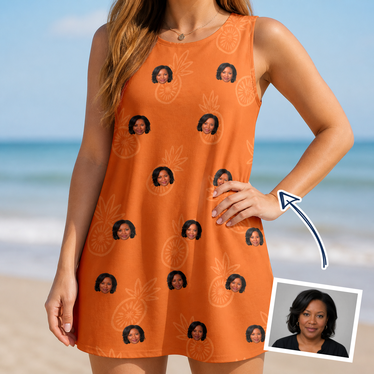 Woman wearing Women's Pineapple Jukebox Custom Face Tank Dress — custom faces printed all-over
