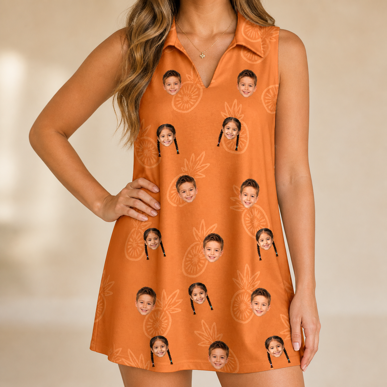Model wearing Women's Pineapple Jukebox Custom Face V-Neck Dress printed with kids' faces