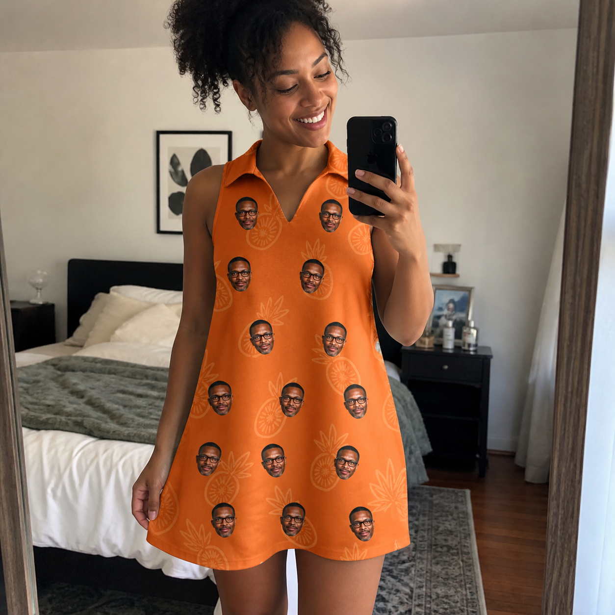 Real-life photo of someone wearing Women's Pineapple Jukebox Custom Face V-Neck Dress — custom faces printed all-over