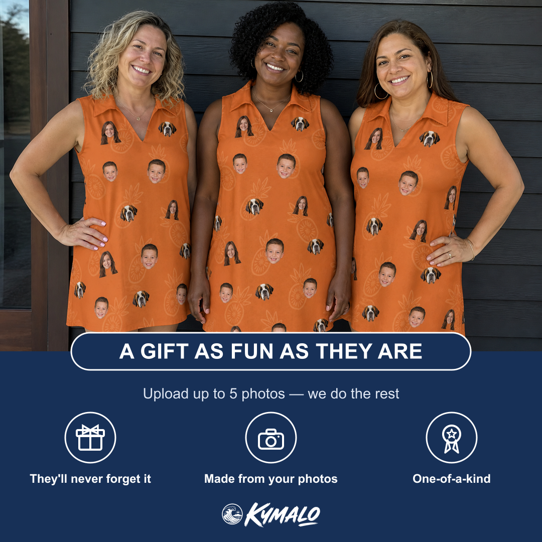Friends in matching Women's Pineapple Jukebox Custom Face V-Neck Dress — a group gift photo