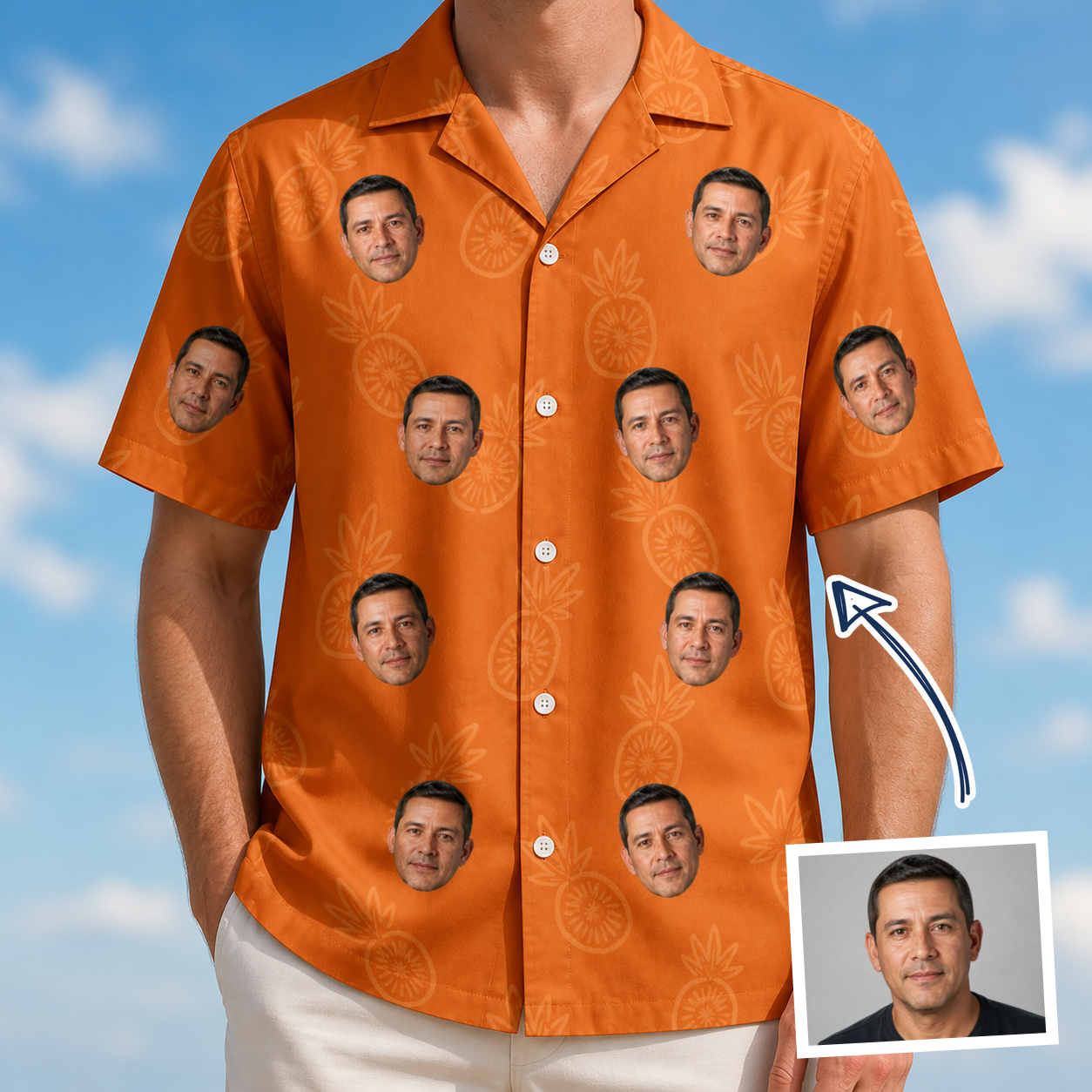 Man wearing Men's Pineapple Jukebox Custom Face Hawaiian Shirt — custom faces printed all-over
