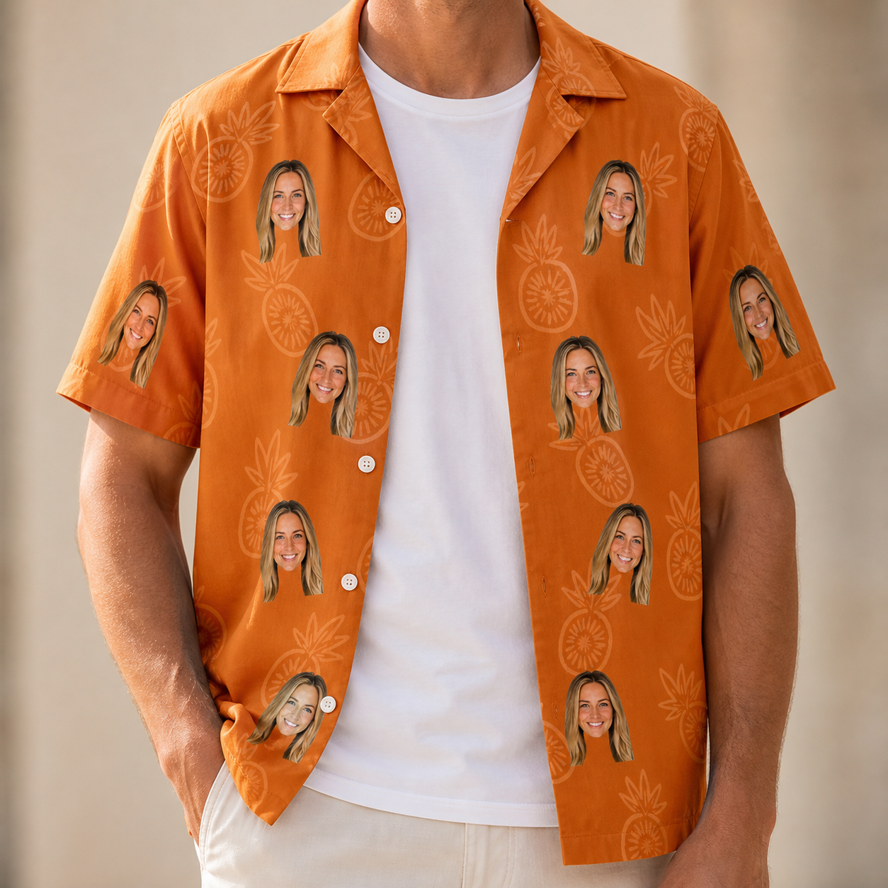 Man wearing Men's Pineapple Jukebox Custom Face Hawaiian Shirt open over a white tee