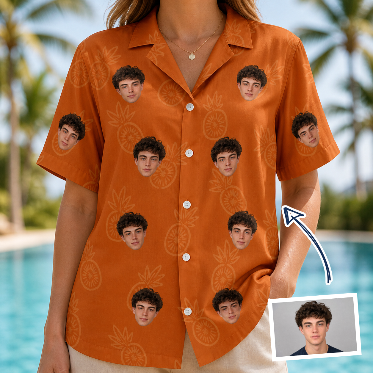 Woman wearing Women's Pineapple Jukebox Custom Face Hawaiian Shirt — custom faces printed all-over