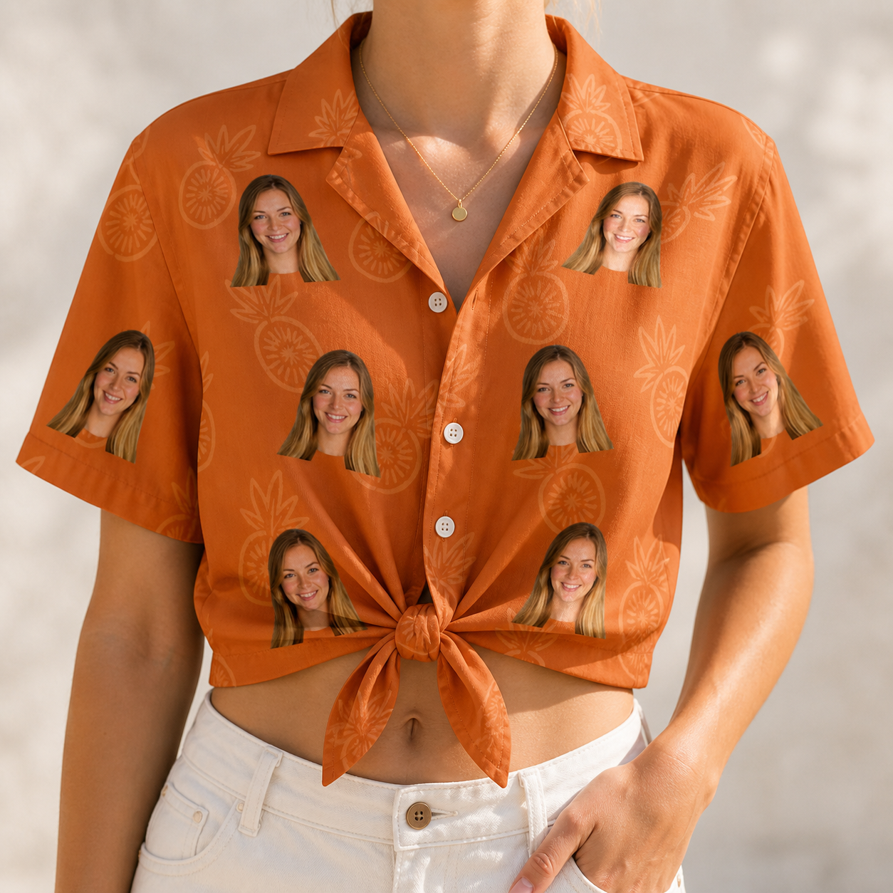 Woman wearing Women's Pineapple Jukebox Custom Face Hawaiian Shirt tied at the waist