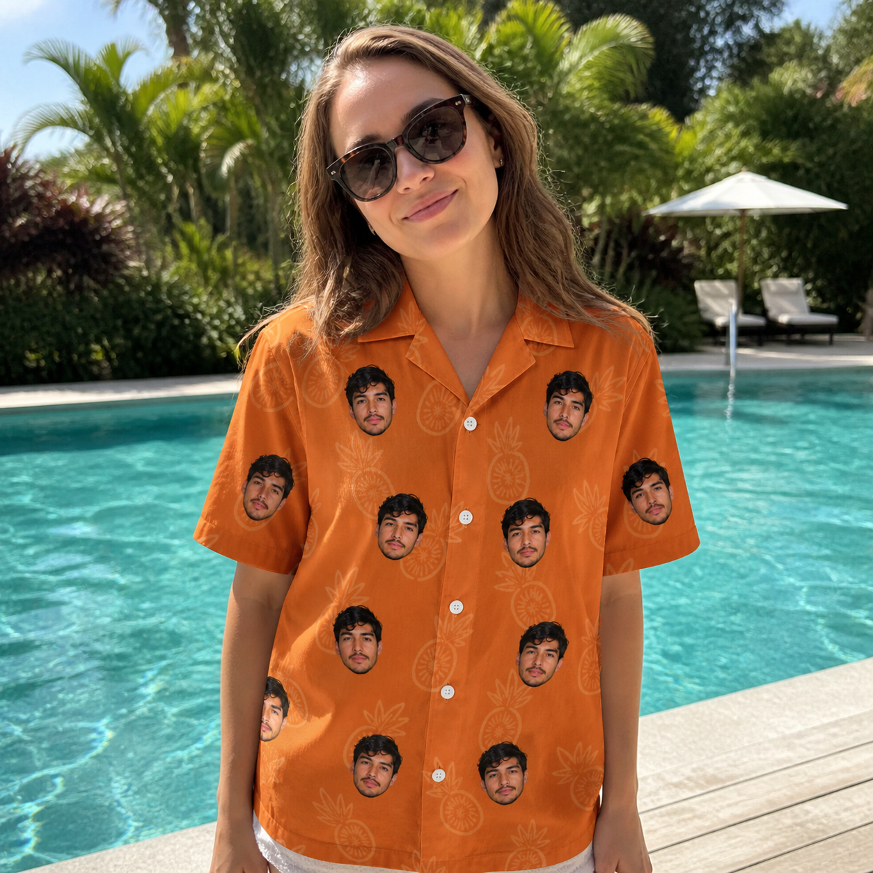 Real-life photo of someone wearing Women's Pineapple Jukebox Custom Face Hawaiian Shirt — custom faces printed all-over
