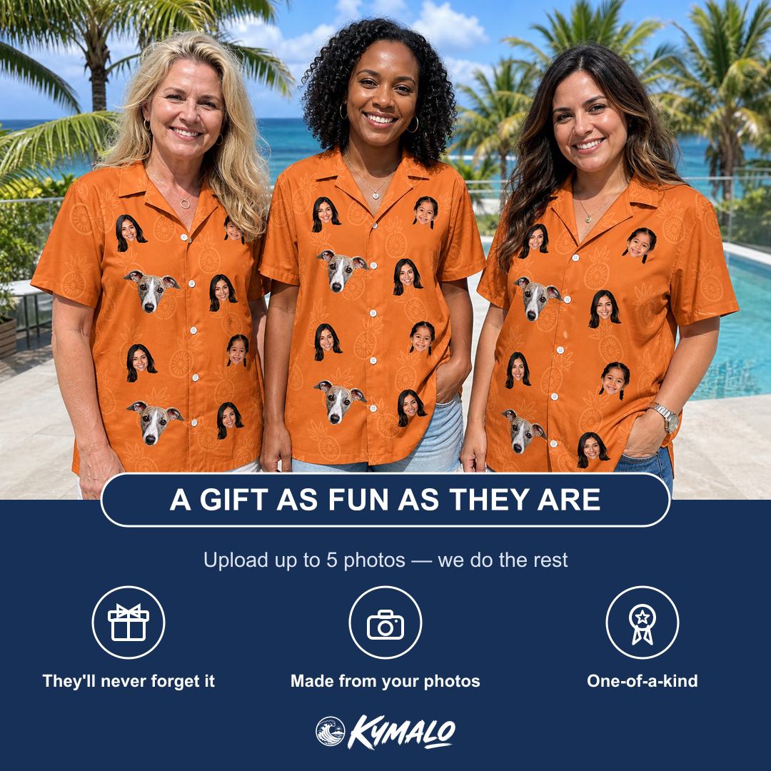 Friends in matching Women's Pineapple Jukebox Custom Face Hawaiian Shirt — a group gift photo