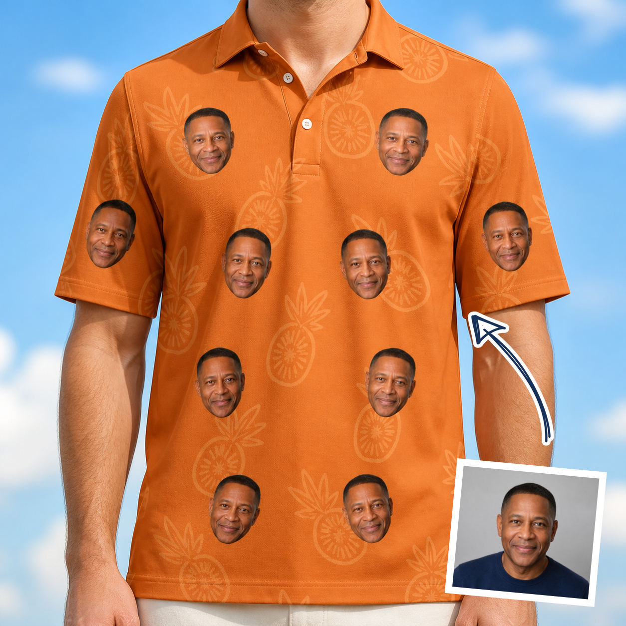 Man wearing Men's Pineapple Jukebox Custom Face Polo Shirt — custom faces printed all-over